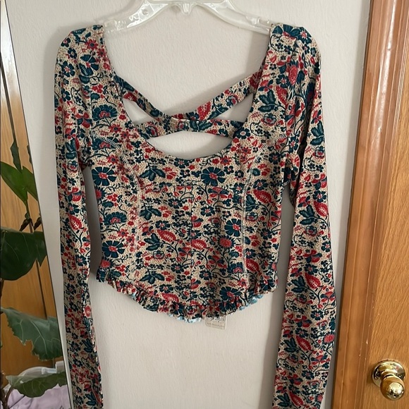 Free People Pink and Blue Long Sleeve Crop Blouse - Picture 3 of 4